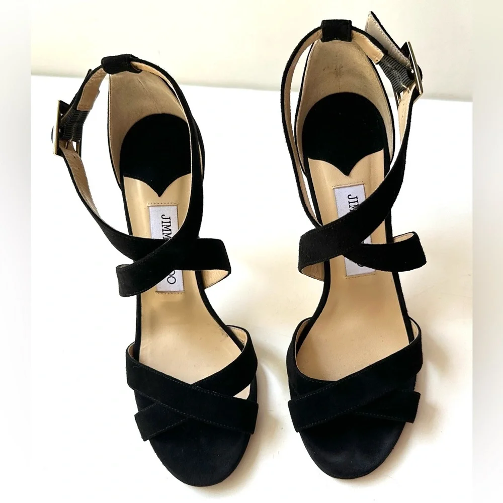EUC Jimmy Choo Lottie Elegant Black Strappy Suede Heels, Black, 37, 7 - Picture 8 of 15